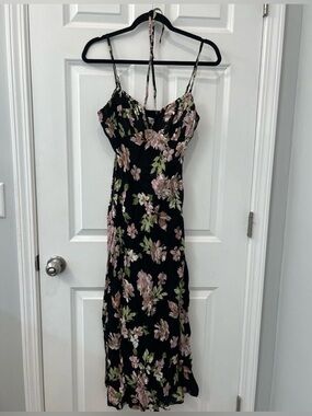 NWT Women’s/ Juniors Floral Print Tie Front Midi Dress Mahina Black Size Small